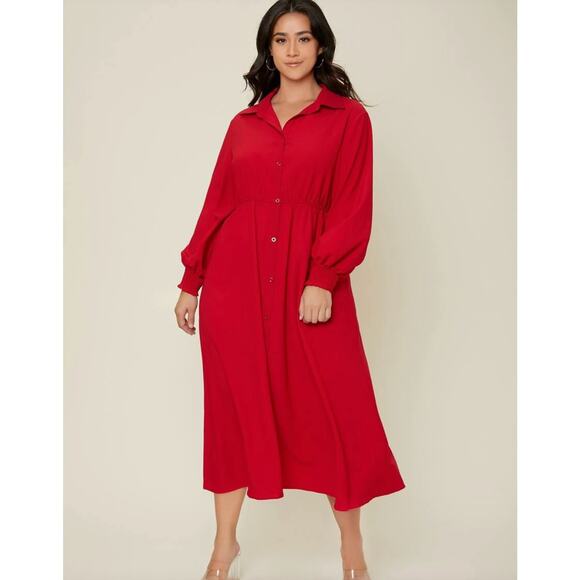 5 for $25| SHEIN Plus Red Lantern Sleeve Button Front Shirt Midi Dress NWT - Picture 1 of 10